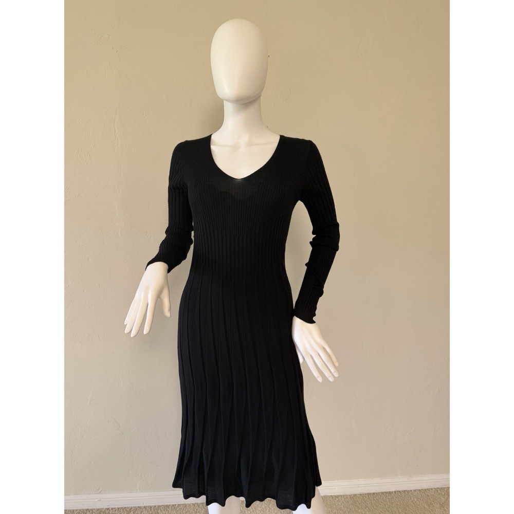 André Maurice Black Knit V-Neck Long Sleeve Midi A-Line Dress Size M